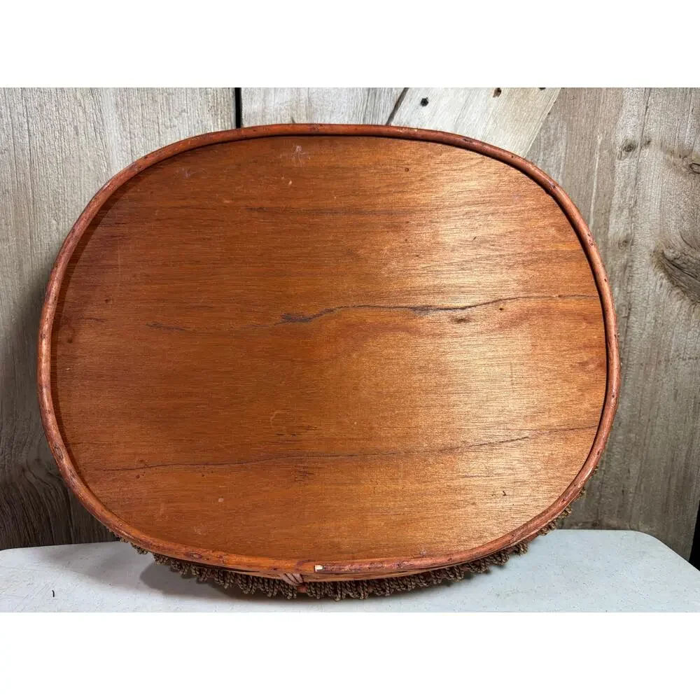 Vintage Oval Bamboo Rattan Serving Tray Wooden Bottom Twisted Twine Rope Trim